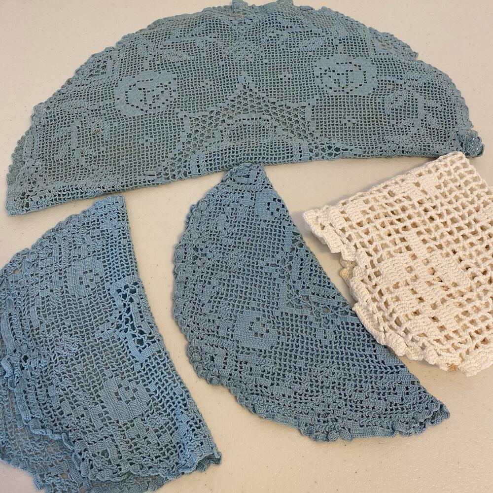 Vintage 70s-80s Hand Knitted Crochet Dishcloths Lot Of 4,3Round 1Square Cottage